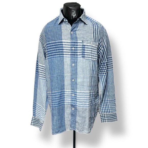 Tommy Bahama Men's L Blue Plaid Linen Patchwork Button Up Shirt Coastal Island - Picture 2 of 8